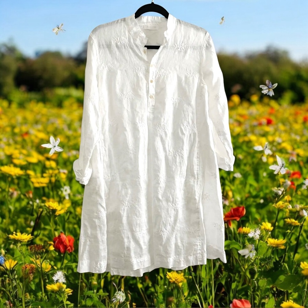 CP Shades, Medium embroidered linen tunic with mandarin collar, new without tags